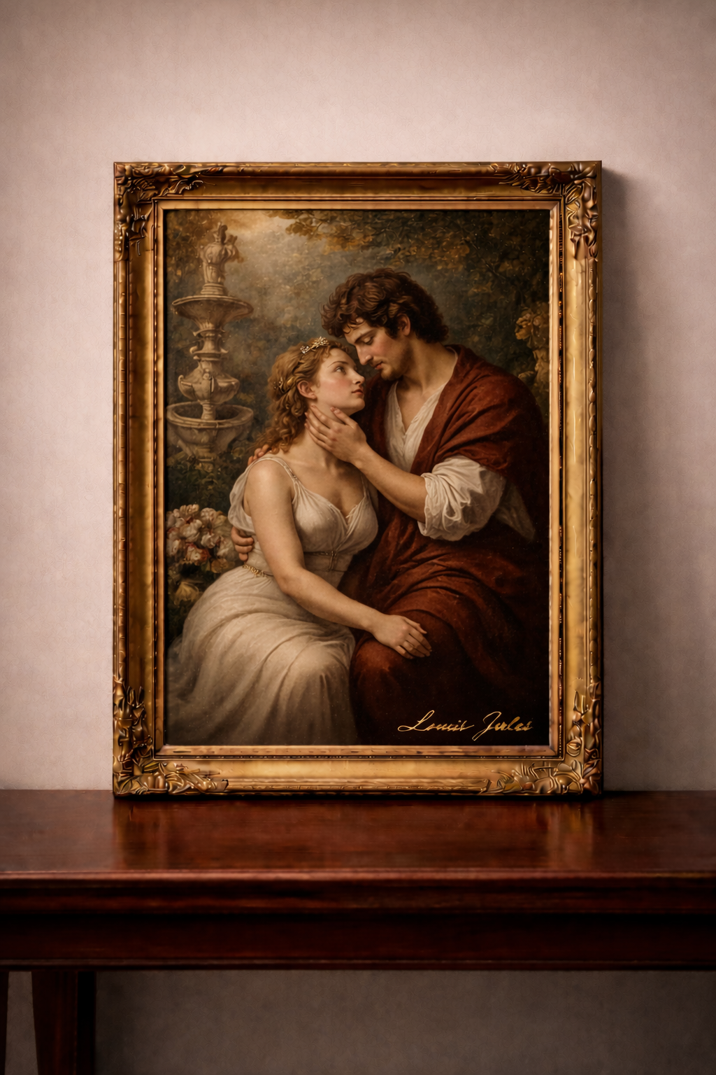 Romantic garden scene in gold frame