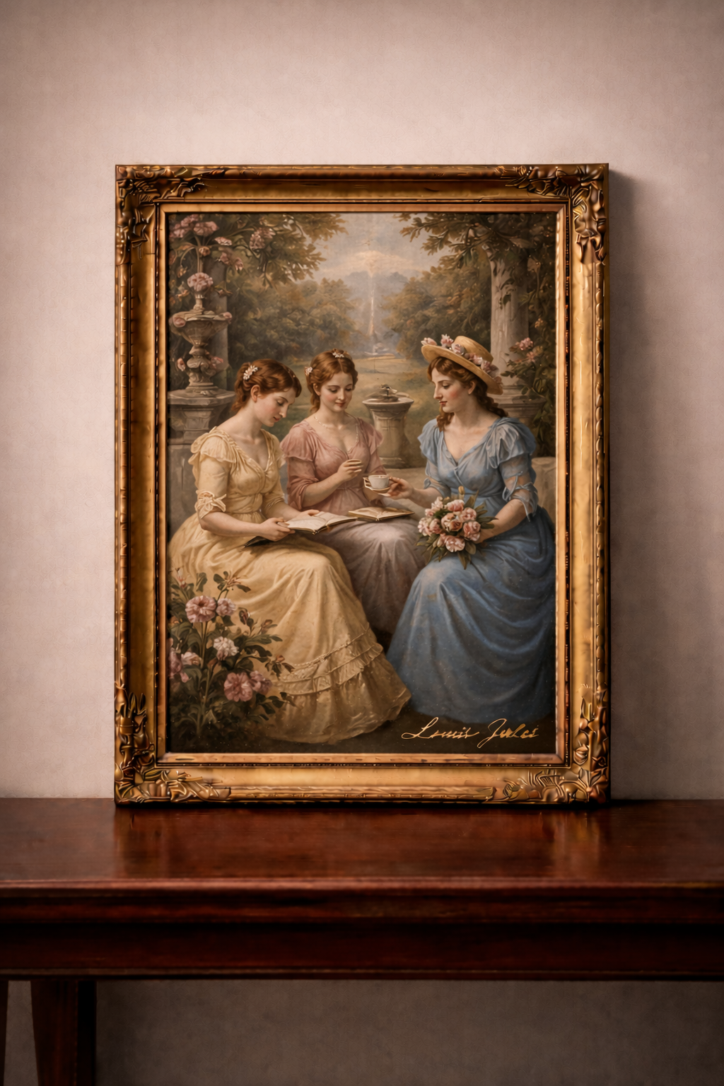Victorian ladies in a garden scene