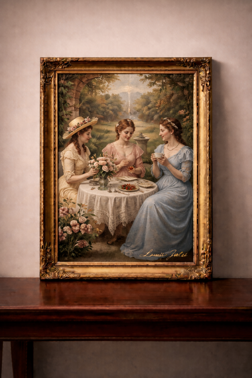 Elegant ladies enjoying tea outdoors