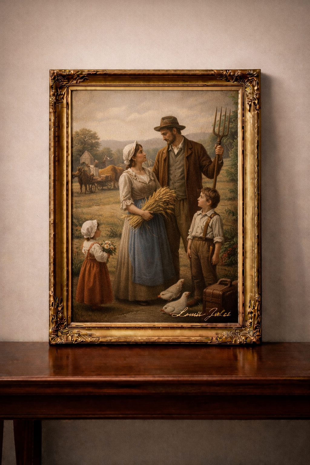 Rural family scene in soft light