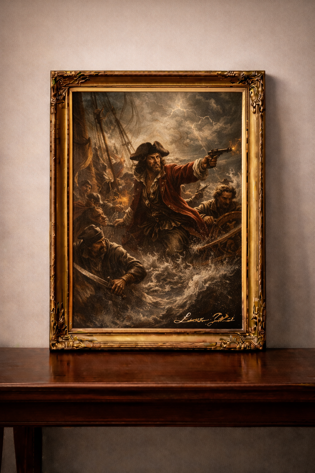 Pirate captain in Baroque storm scene