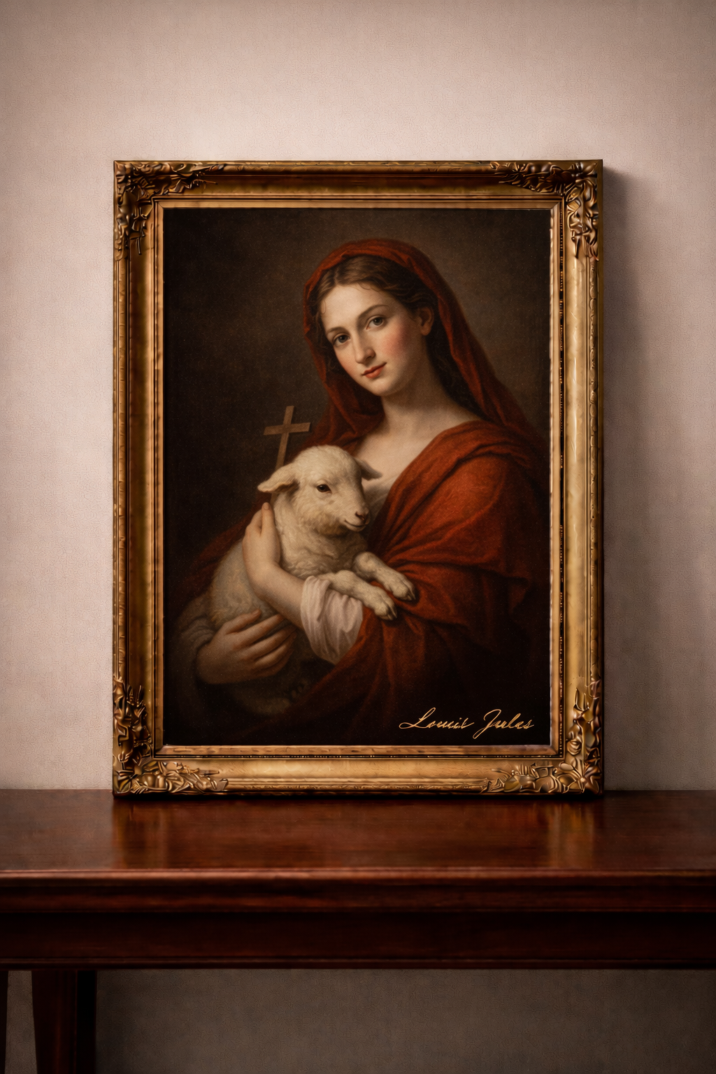 Serene woman with lamb in gold frame